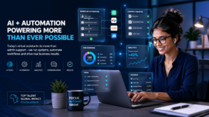 Digital illustration of a virtual assistant using AI tools and automation dashboards to manage workflows, data, and content for a modern business